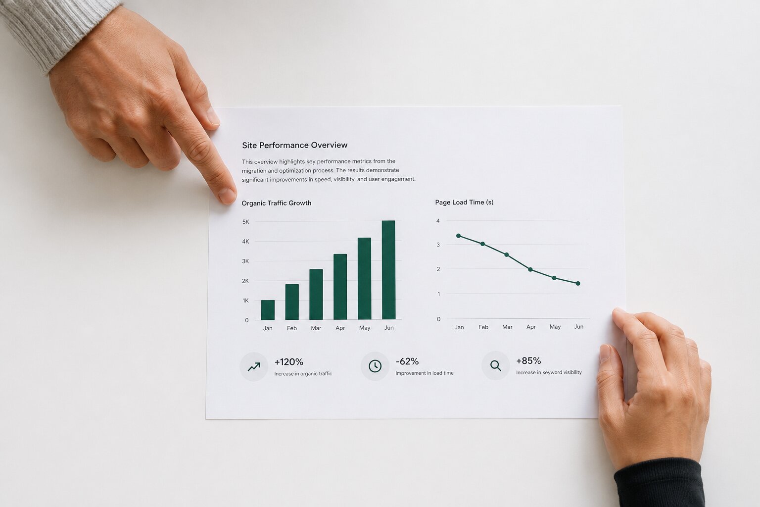 Zwei Haende zeigen auf einfache Diagramme als Symbol fuer klare Kommunikation