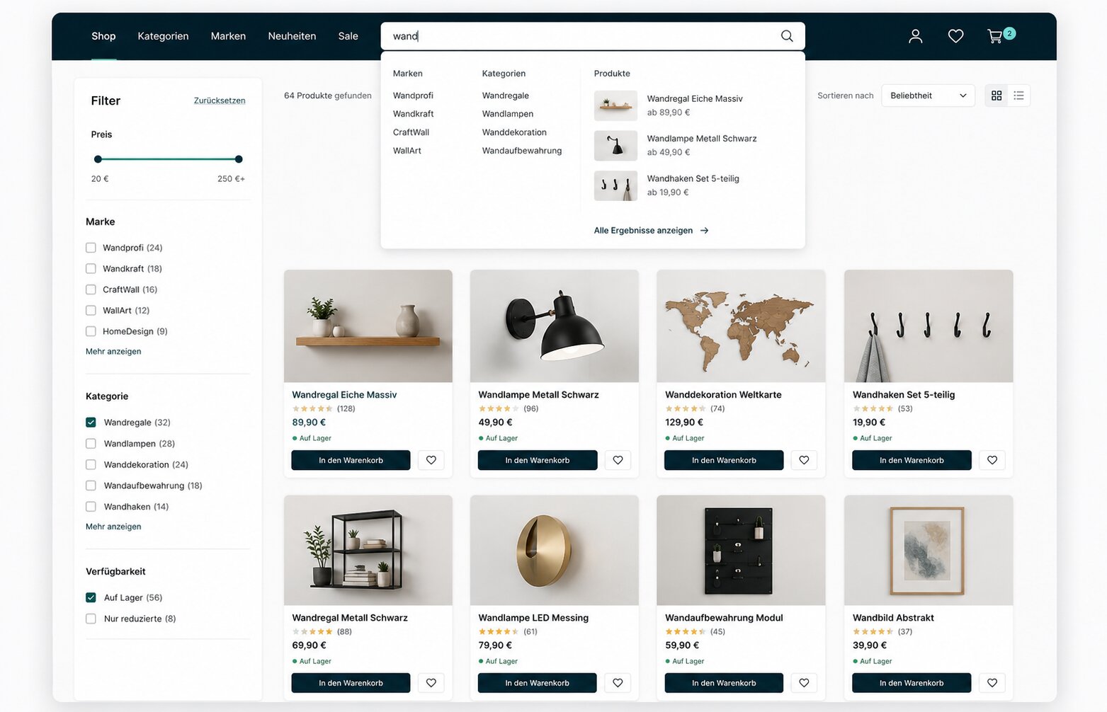 Shopsuche mit Suggest-Dropdown und Produkttreffer-Vorschau
